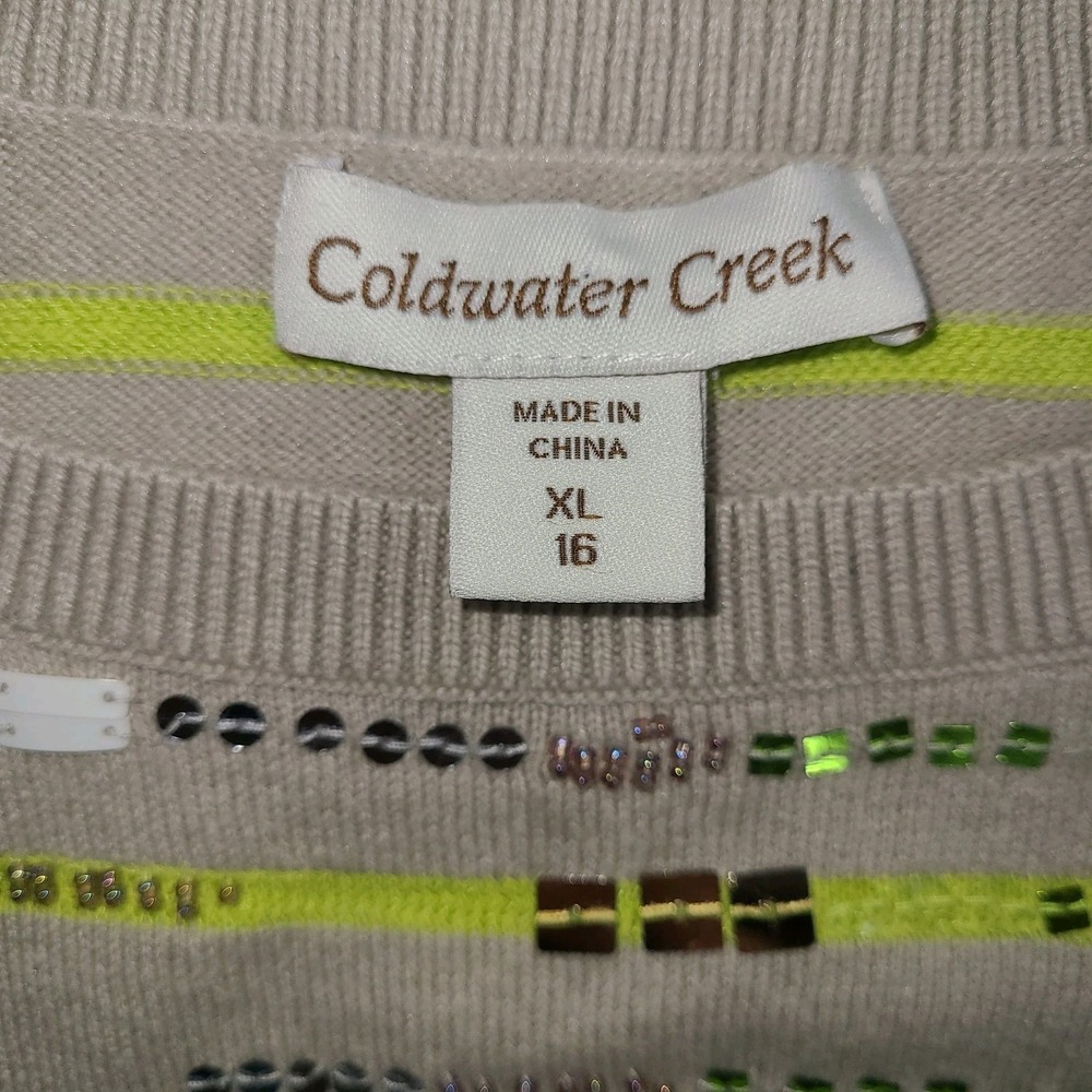Coldwater Creek Sequin Stripe Sweater Women's XL 16 Beige Yellow Embellished - Picture 7 of 8